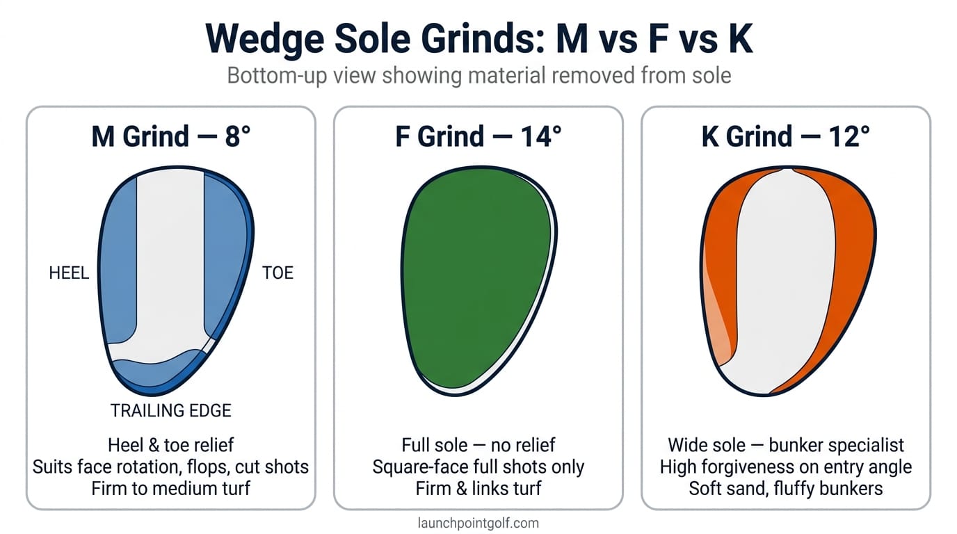 Infographic showing the six Vokey wedge grind profiles and their ideal conditions