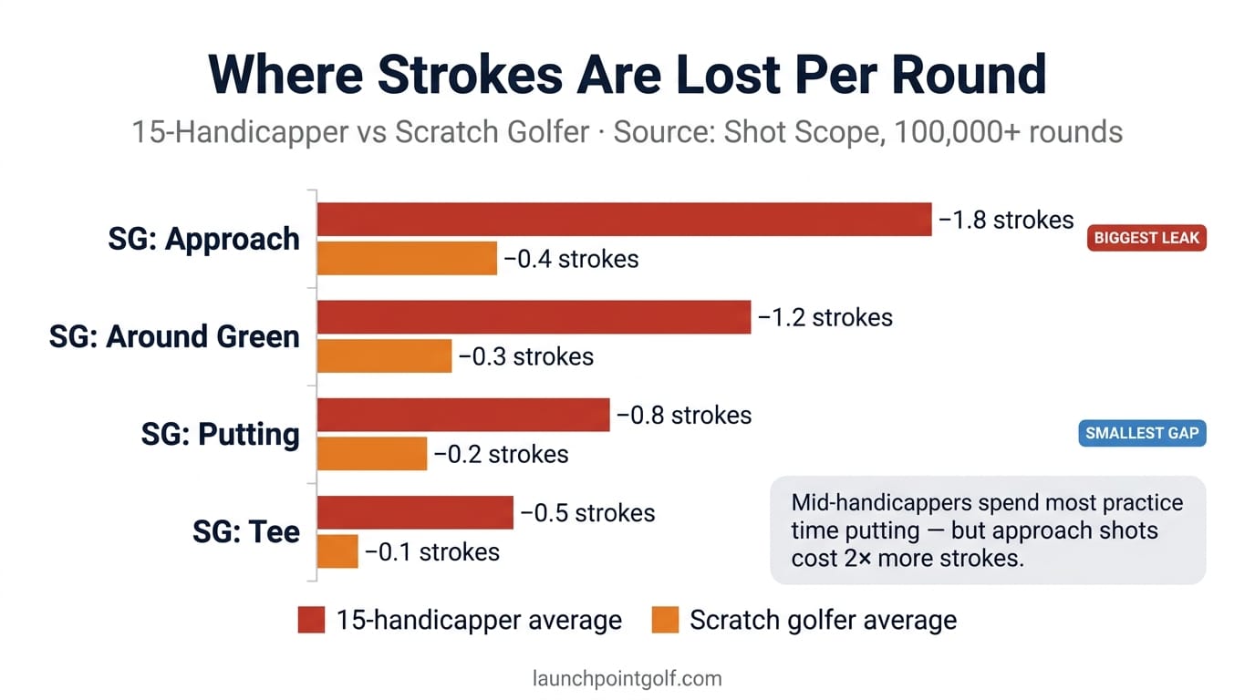 Strokes gained breakdown by category — typical 15-handicapper vs. scratch golfer