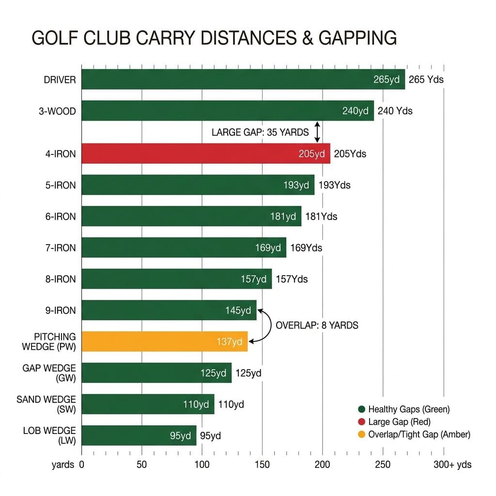 Colour-coded carry distance chart showing healthy gaps in green, tight overlaps in amber, and coverage holes in red