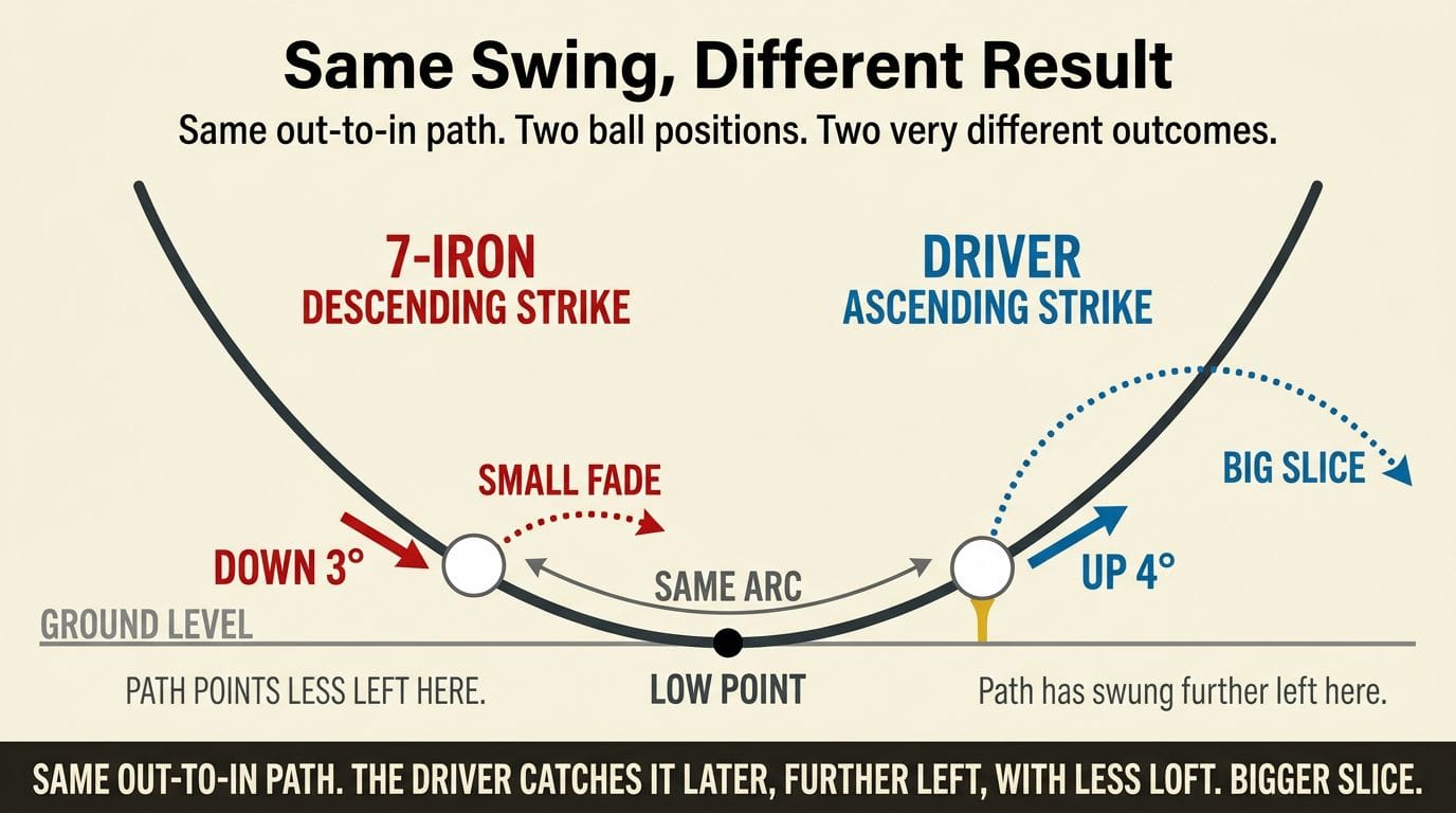 Swing-arc diagram: the same out-to-in path strikes a 7-iron on the descending side (small fade) and a driver on the ascending side, further along the arc (big slice).