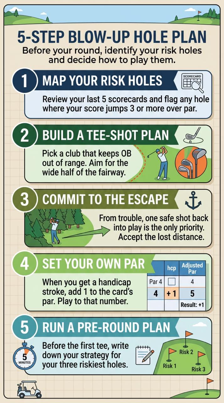 5-step plan to avoid blow-up holes: map risk holes, build a tee-shot plan, commit to the escape, set your own par, run a pre-round plan.