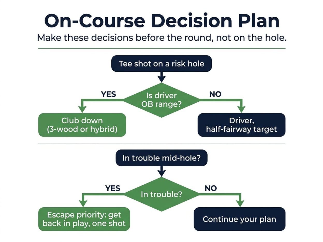 On-course decision flowchart: tee-shot plan and escape priority for avoiding big numbers