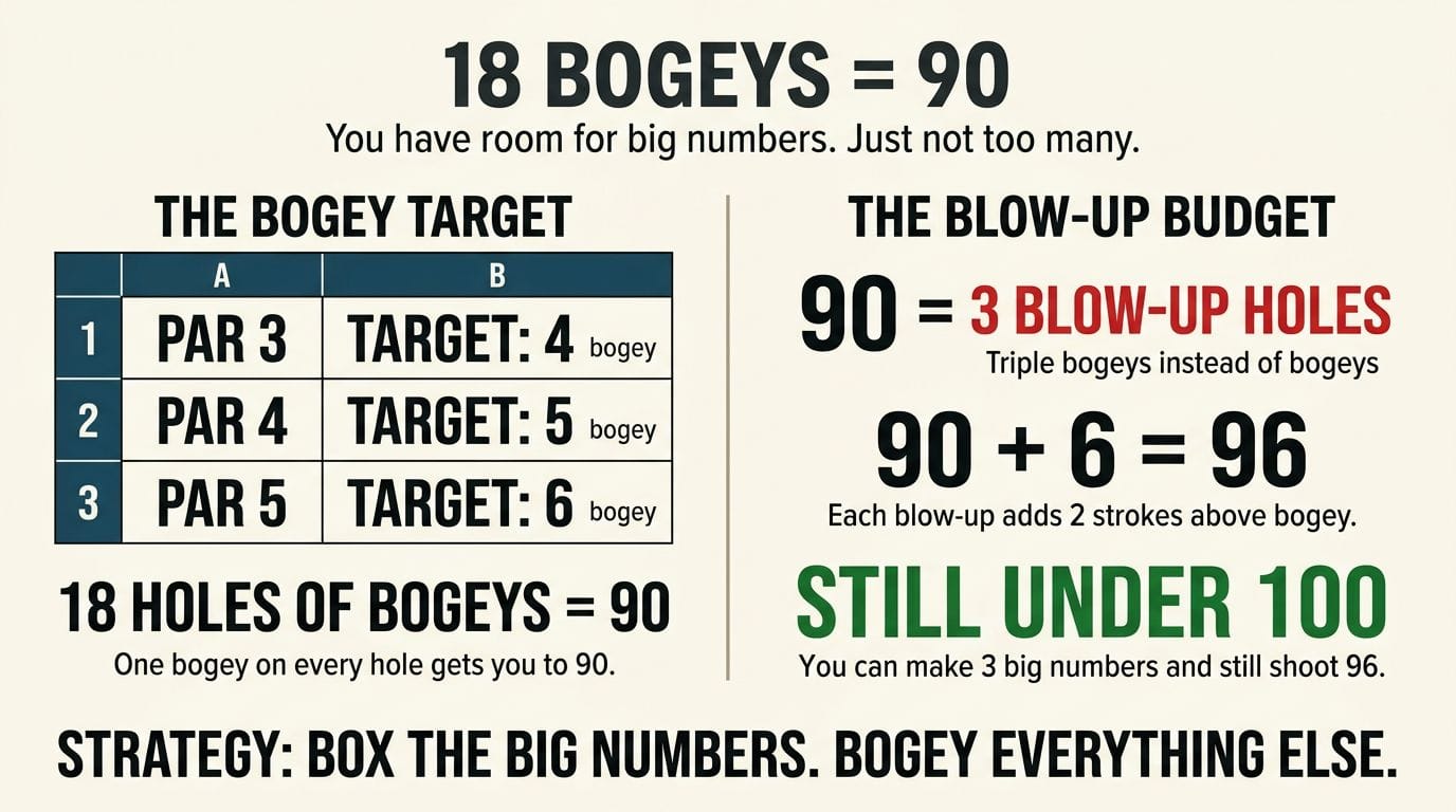 Bogey-every-hole totals 90; even 3 triples adds only 6 to reach 96, still under 100