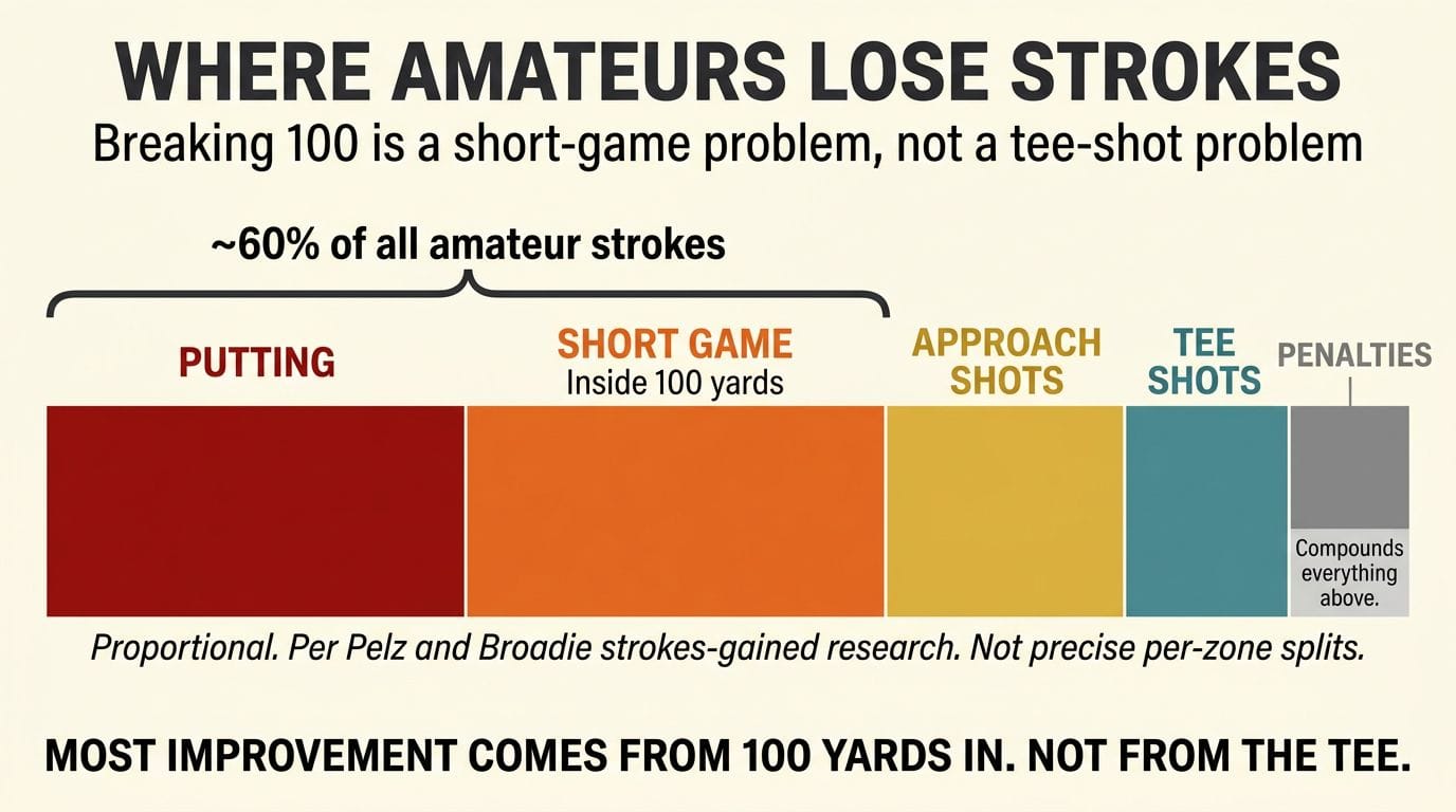 Proportional five-zone bar showing most strokes are lost from 100 yards in, per Pelz/Broadie strokes-gained research