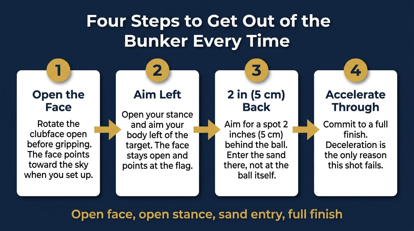 Four-step bunker shot sequence: open face, open stance, enter sand 2 inches behind ball, accelerate through to a finish