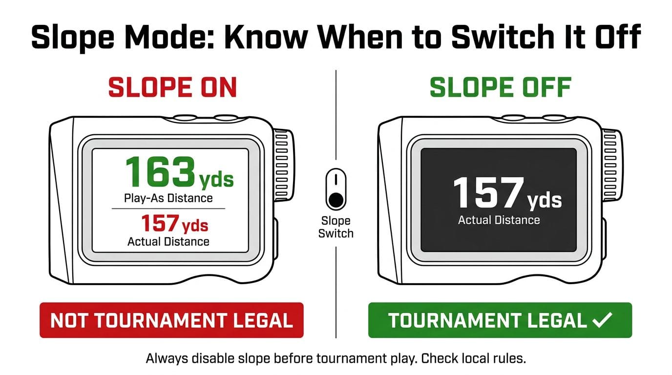 Slope-Switch in practice: one press removes the slope-adjusted figure and locks to raw yardage. USGA and R&A compliant in this mode.