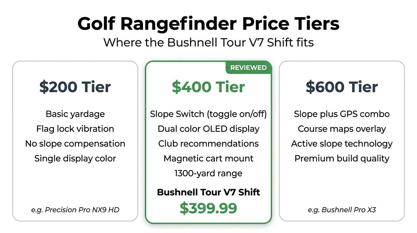 Three-tier rangefinder feature comparison: Budget $150 to $250, Mid $300 to $400, Premium $500 and up. Comparing slope, dual-color OLED, LINK club recs, accuracy, and weather compensation across tiers.