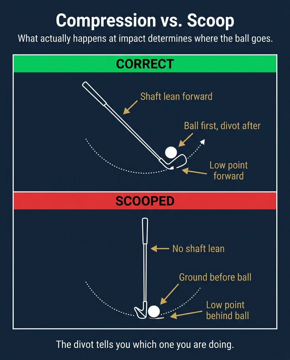 Compression vs. Scoop: correct impact (hands ahead, shaft lean forward, divot in front of ball) vs. scooped contact (hands even, shaft vertical, ground before ball)