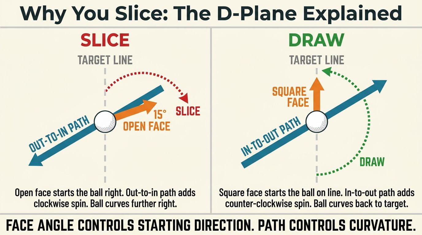 D-Plane diagram: open face plus out-to-in path produces a slice; square face plus in-to-out path produces a draw. Face angle controls starting direction, path controls curvature.