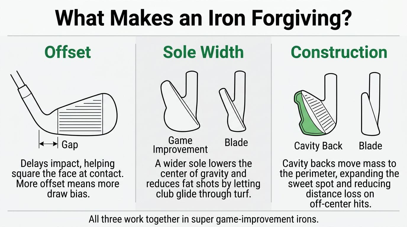 What makes an iron forgiving: offset, sole width, and construction type compared across player irons, game-improvement, and super-game-improvement