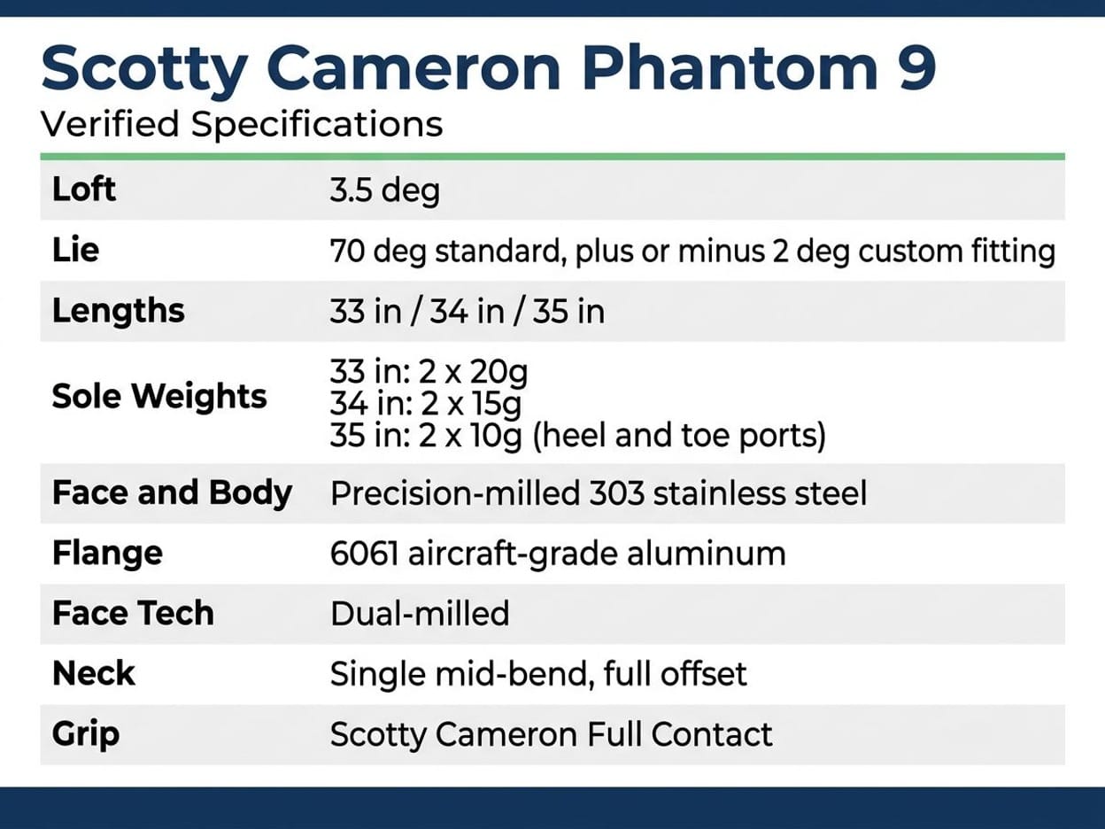 Scotty Cameron Phantom 9 specification card: 9 verified spec rows including loft, lie, lengths, construction, and port weights