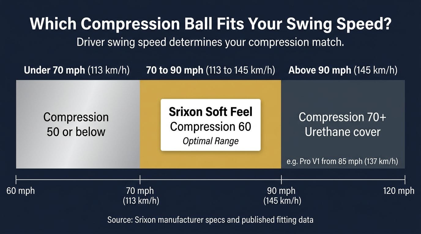 Compression vs. swing speed fit chart: Srixon Soft Feel (compression 60) sits in the optimal zone for driver swing speeds of 70 to 90 mph (113 to 145 km/h). Higher-compression tour balls like the Pro V1 suit faster swing speeds.