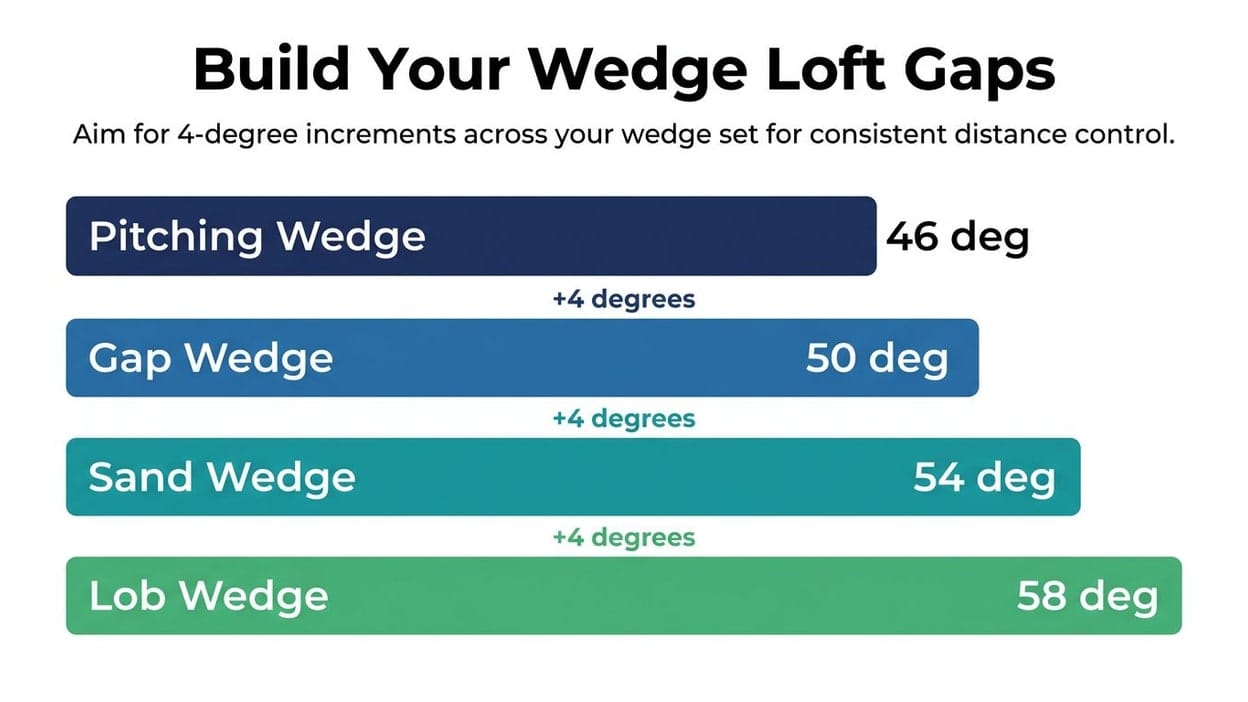Wedge loft gap diagram: traditional 46-degree PW setup (50/54/58 even 4-degree gaps) vs strong-lofted 43-degree PW setup (52/56/60 with a 9-degree gap at the top)
