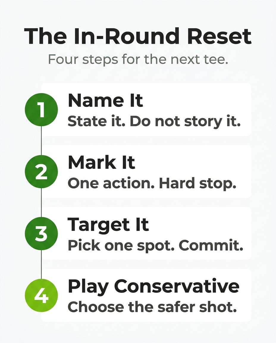 The four-step in-round reset: Name It, Mark It, Target It, Play the conservative shot.