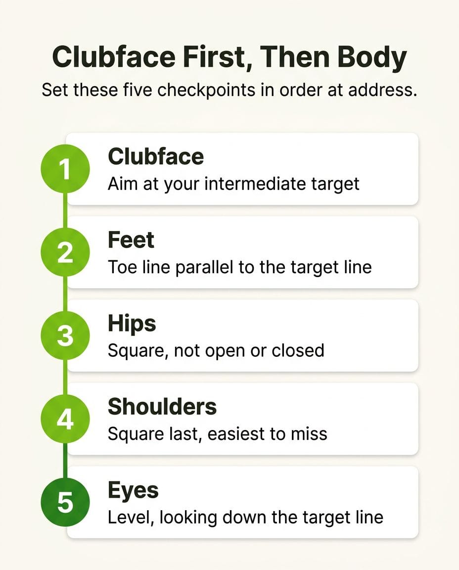 Five-checkpoint alignment order — clubface, feet, hips, shoulders, eyes — matching the Step 2 sequence.