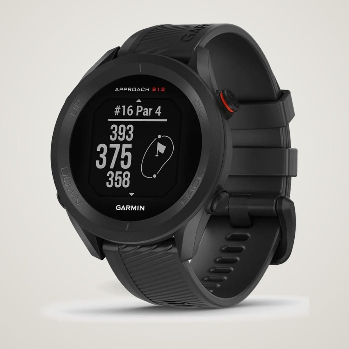 Garmin Approach S12 GPS golf watch in matte black, close-up product shot.