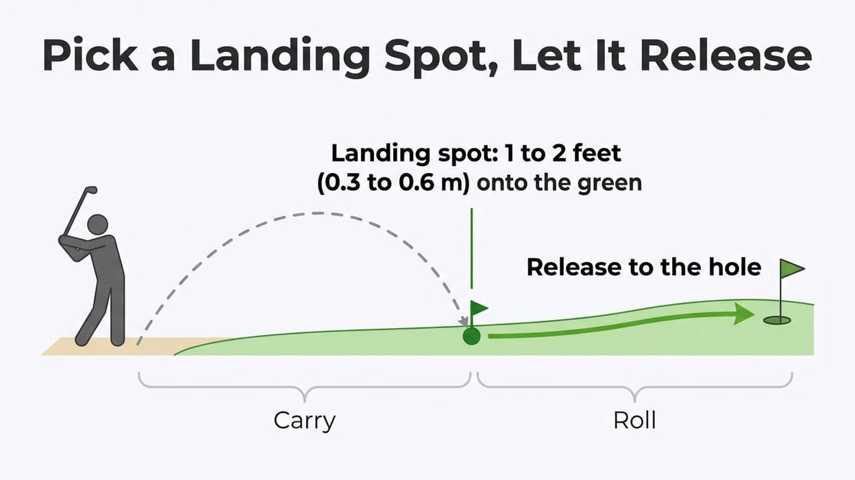 Side-view diagram showing a chip shot's landing spot and roll-release path toward the pin