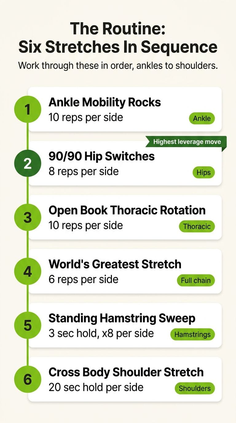 A six step vertical checklist of an at home golf mobility routine, each stretch shown with its rep or hold count and the joint it targets, from ankle rocks to shoulder stretch.