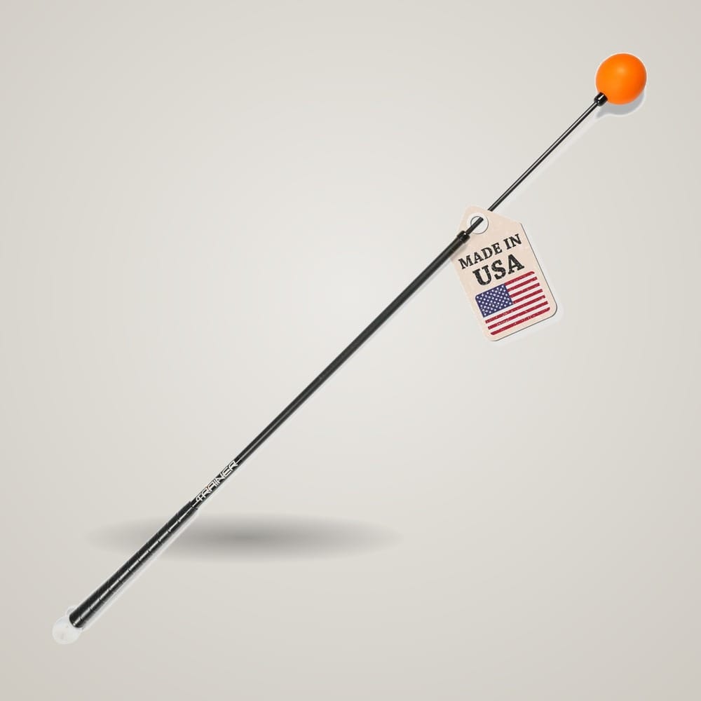 Orange Whip Full-Size 47-inch swing trainer showing weighted ball and counterbalanced flexible shaft