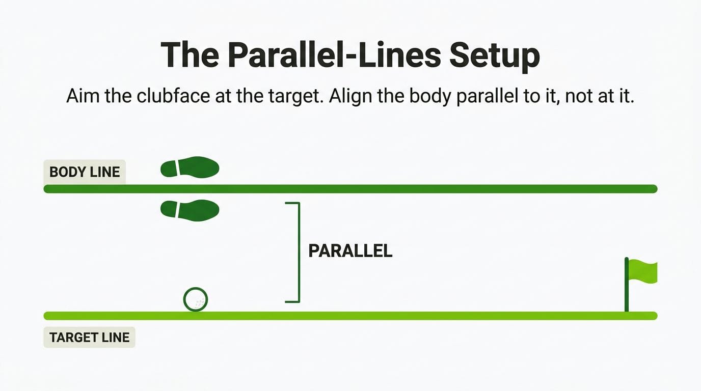 Diagram showing the target line and the body line running parallel like railroad tracks, with the feet aimed left of the target.