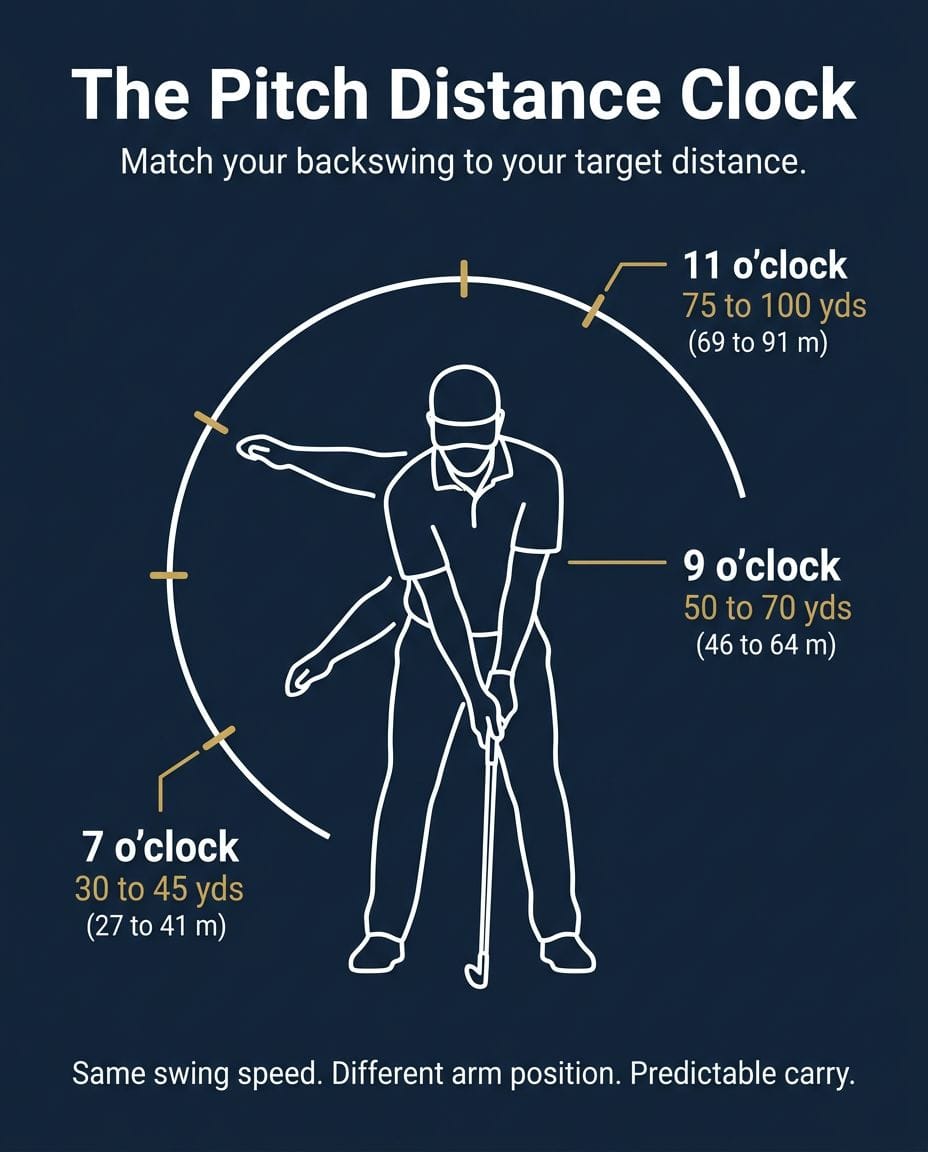 The Pitch Distance Clock: golfer silhouette showing 7, 9, and 11 o'clock backswing positions with carry distance windows (30–45 yds, 50–70 yds, 75–100 yds)