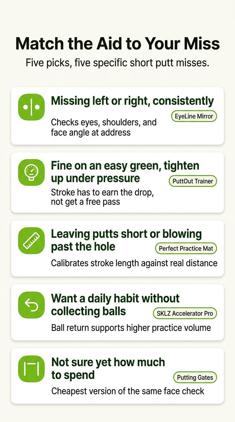 Diagram matching five short putt misses to five putting aids: alignment mirror, pressure trainer, distance mat, ball return mat, and putting gates.