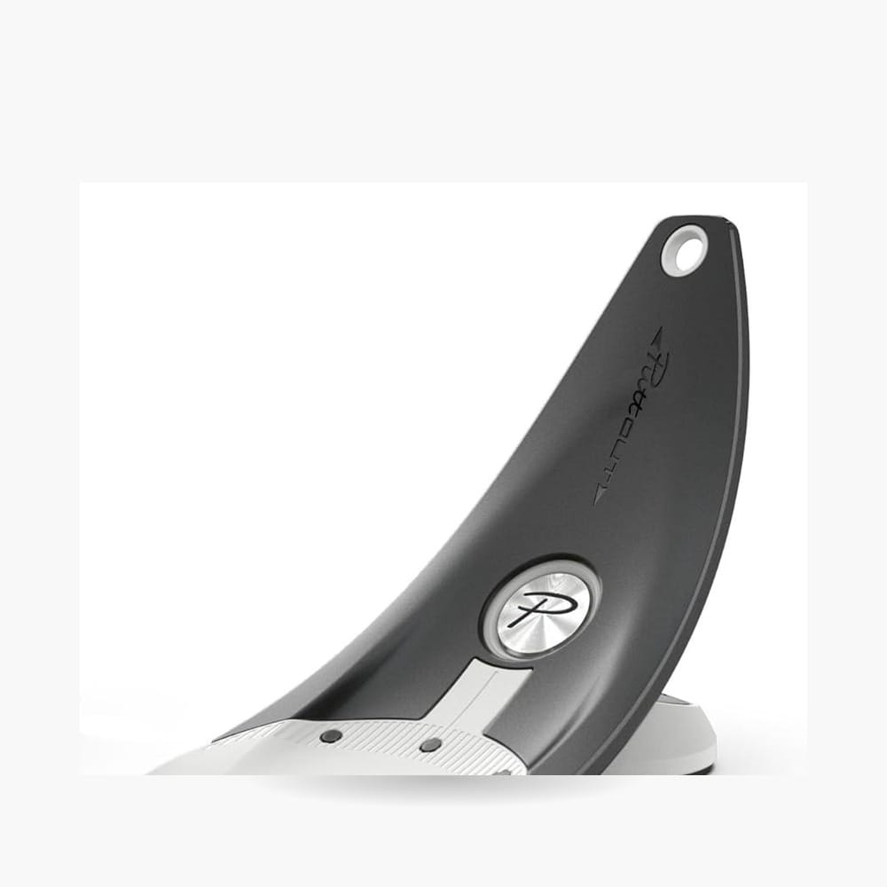 Close-up of the PuttOut Pressure Putt Trainer's ball-return ramp and micro-target gate, Stone colorway, isolated product cutout on white