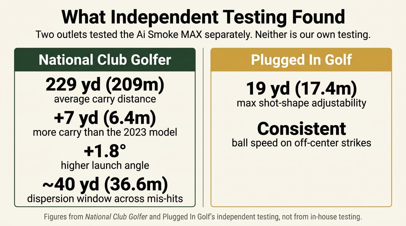 Infographic of independent test findings for the Callaway Paradym Ai Smoke MAX from National Club Golfer and Plugged In Golf