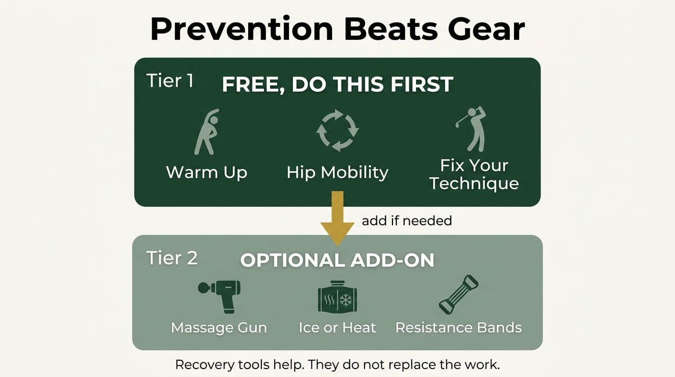 Two-tier "Prevention Beats Gear" hierarchy — Tier 1 free (warm up, hip mobility, fix technique), Tier 2 optional add-on (massage gun, ice/heat, resistance bands).