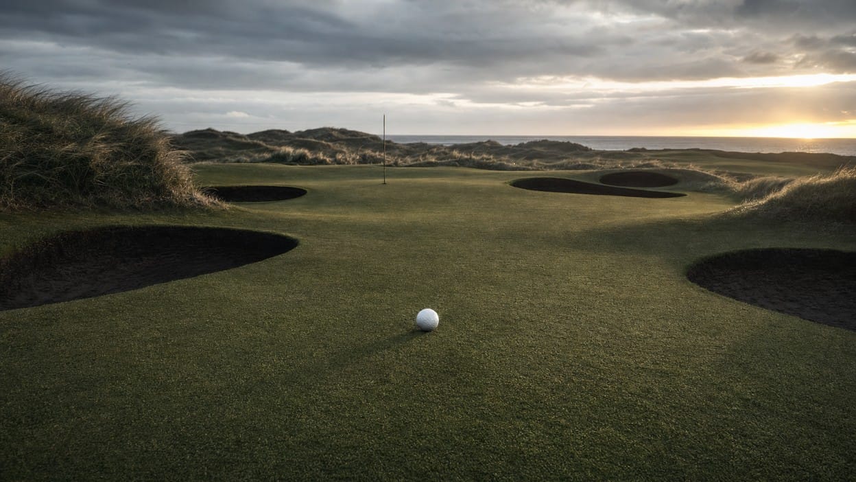 A golf ball rests untouched at the center of a green ringed by deep pot bunkers, dune grass bending in coastal wind under a clearing storm sky at a punishing seaside links course.