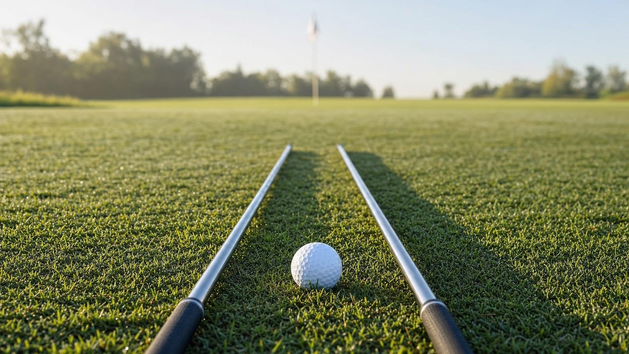 Two golf clubs laid parallel on the grass with a ball at address, showing the target-line vs body-line alignment setup.