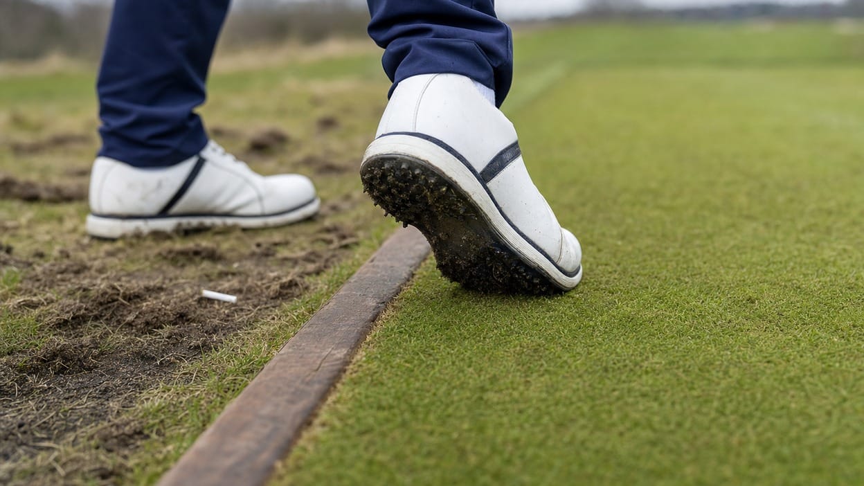 A golfer's foot stepping across a tee-box marker line, the physical reset boundary between holes.