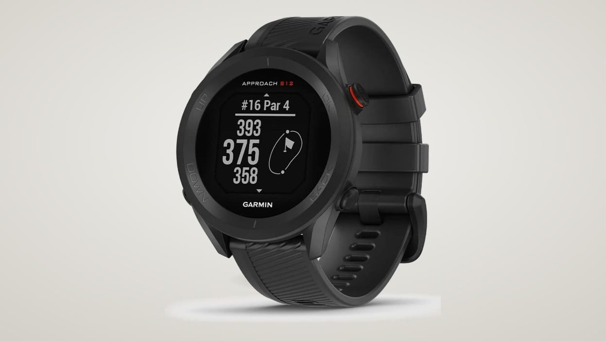 A Garmin Approach S12 GPS watch in matte black, angled to show its display on hole #16 par 4 with front, middle, and back yardages of 393, 375, and 358 yards.