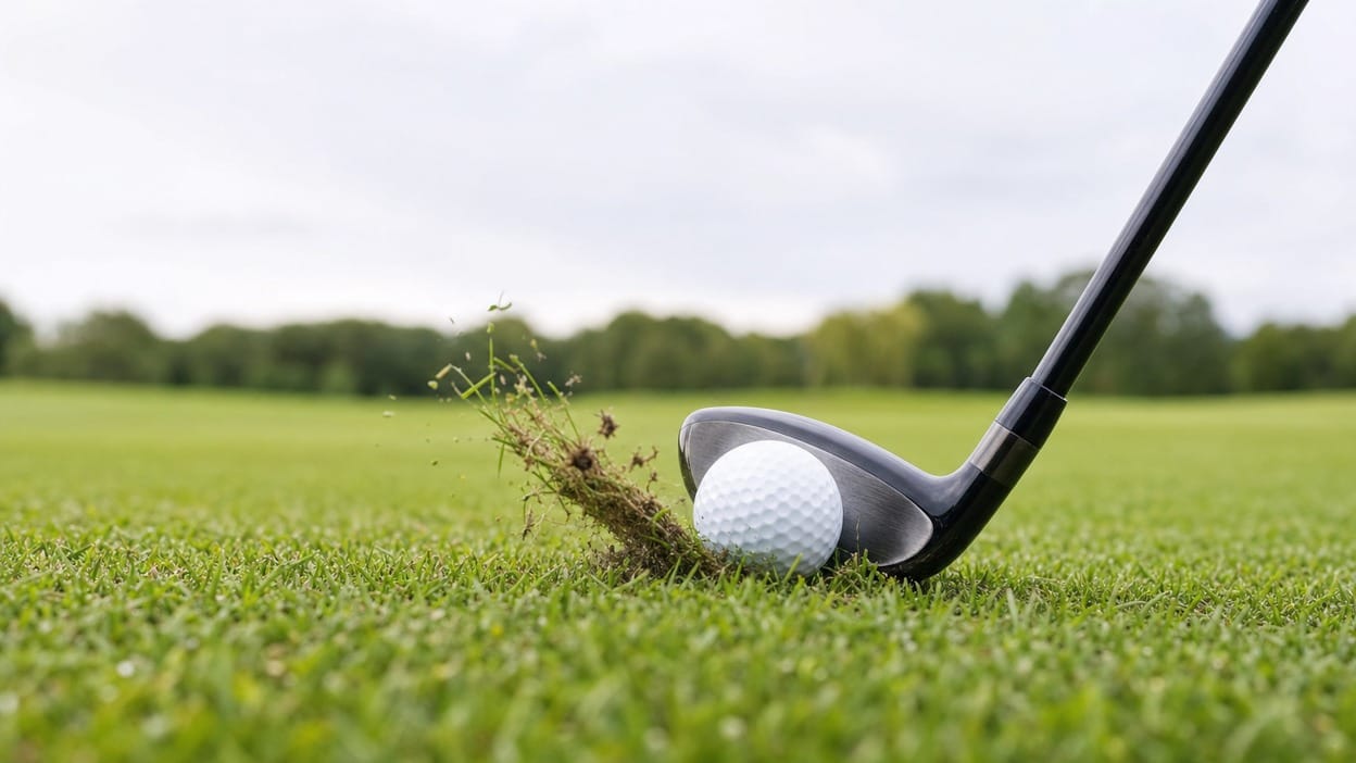 A rounded hybrid clubhead strikes a golf ball on a fairway at ground level, a small divot kicking up just ahead of the ball against a blurred tree line.