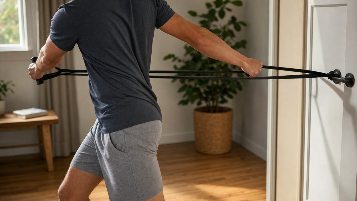 A golfer seen from behind performs a torso rotation stretch at home using a black resistance band anchored to a door, working on the turn and mobility that adds swing speed.
