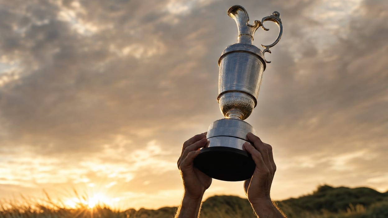 Bare hands raise an ornate silver trophy overhead against a golden dusk sky above windswept dune grass, evoking a maiden major championship win at a links course.