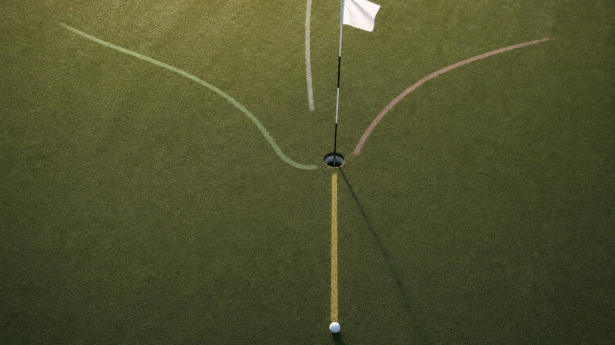 Overhead view of a golf hole with four faint colored putt paths approaching from different directions, only one running straight into the cup.