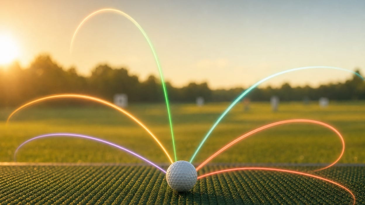 A golf ball on a driving-range mat at golden hour with six colored light-trail arcs radiating outward.