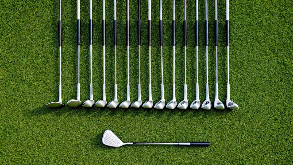 A row of golf clubs standing organized in a bag, showing the mix of woods, hybrids, irons, and wedges that make up a 14-club setup.