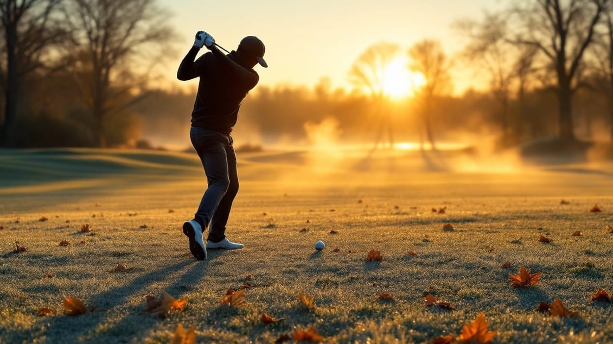 A golfer in silhouette follows through on a frosty tee box at sunrise, fallen autumn leaves scattered on frost covered grass, mist glowing in low golden light.