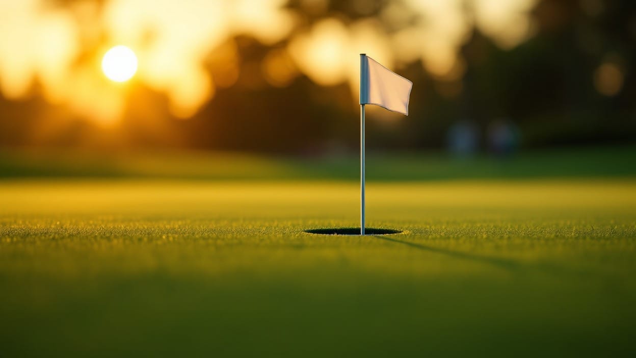 Low-angle unbranded pin flag and cup on a tournament green, golden-hour sun behind, shallow-depth-of-field green and gold bokeh.