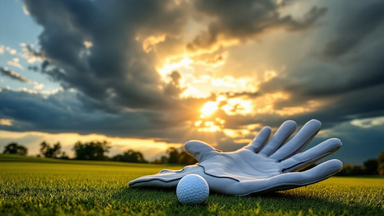 A golf glove rests open and empty on the grass beside a ball as dramatic storm clouds break apart with golden evening light, evoking the quiet moment after a championship is won.