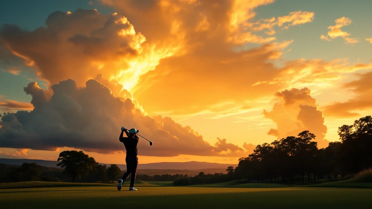 A lone golfer in full silhouette finishes a follow-through at the tee, set against a dramatic gold and amber sunset sky with towering clouds.
