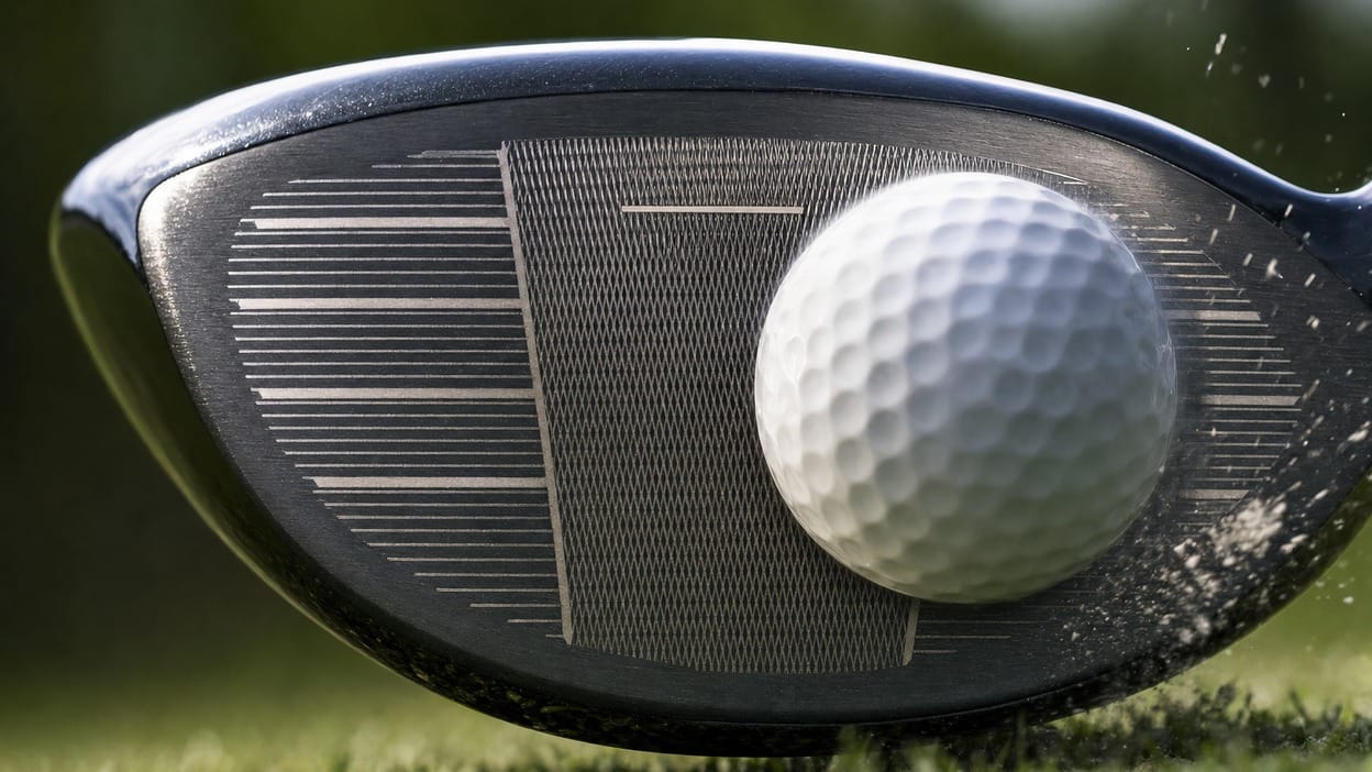 Golf driver striking a ball off-center toward the toe at impact.