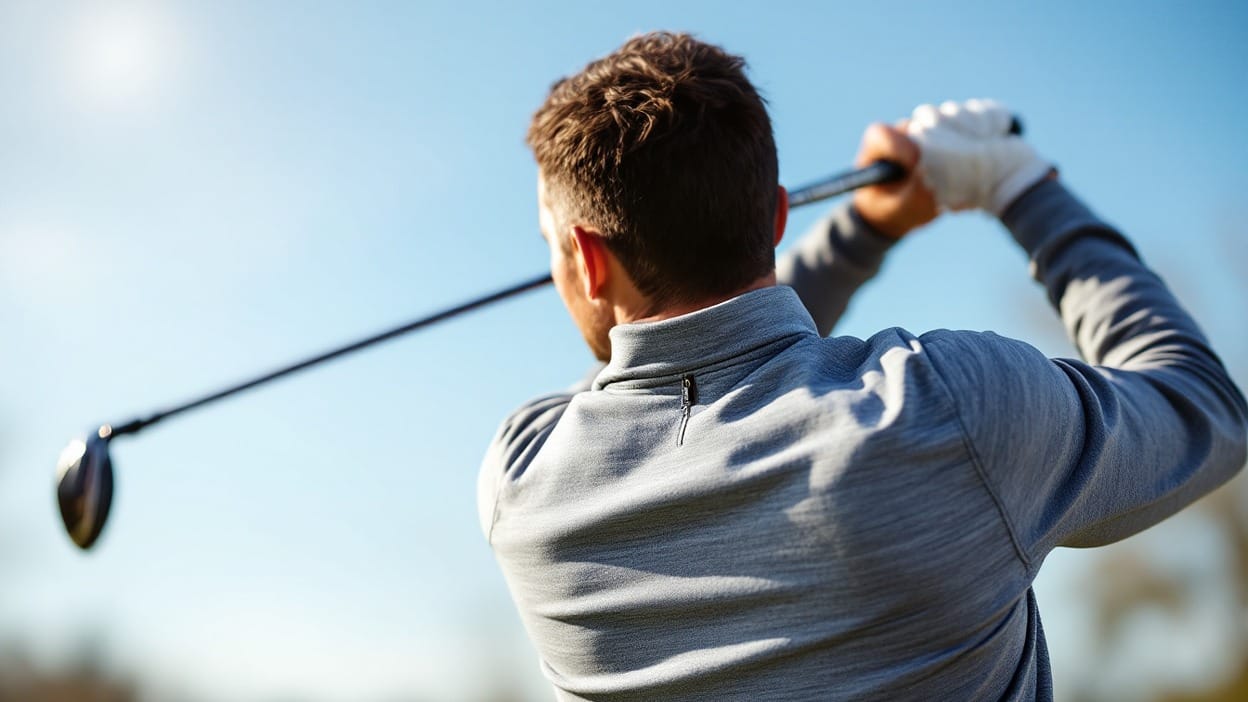 A golfer mid-swing seen from behind, wearing a heather-gray quarter-zip mock-neck golf pullover.