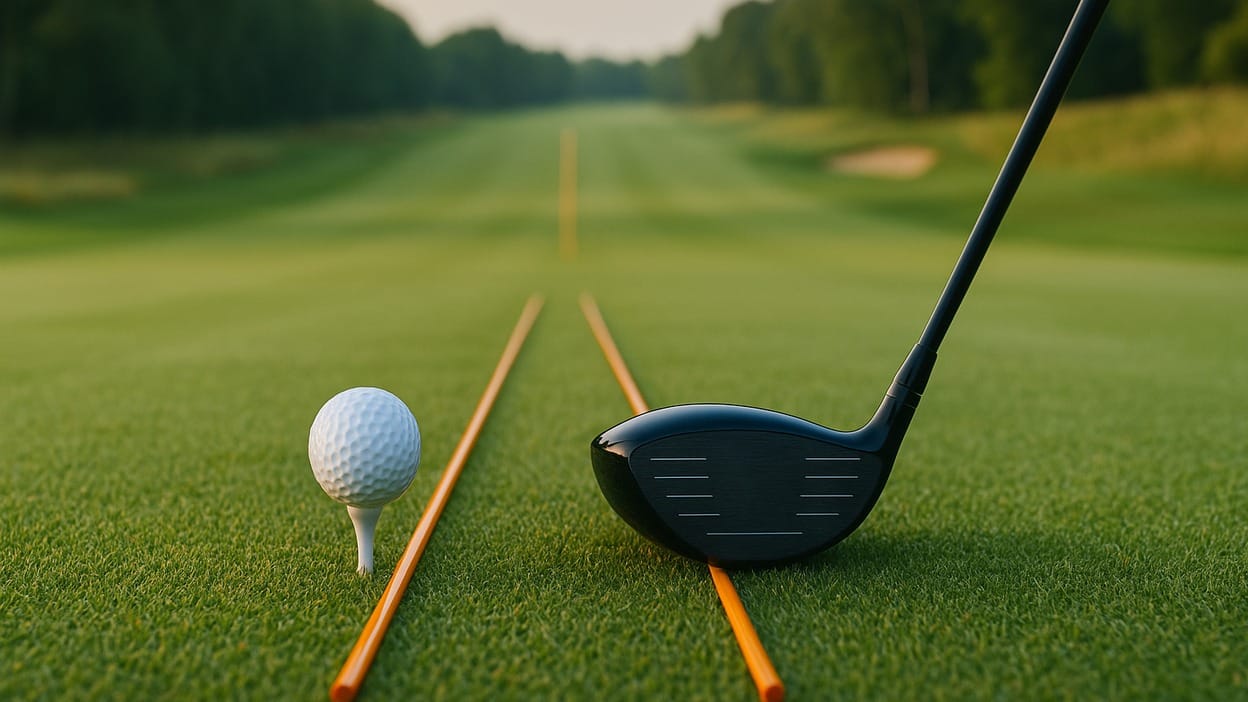 A driver at address behind a teed golf ball, with two alignment rods forming a target line down a wide fairway corridor.