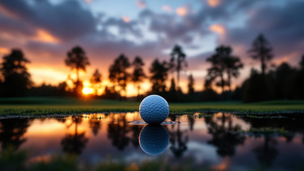 A golf ball rests at the edge of a still pond on a golf course at dusk, its reflection and a fiery sunset with silhouetted trees mirrored perfectly in the calm water.