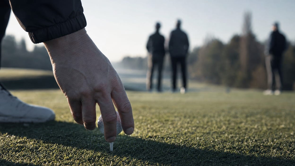 Golfer addressing the ball on the first tee, representing the tension of an opening shot with others watching