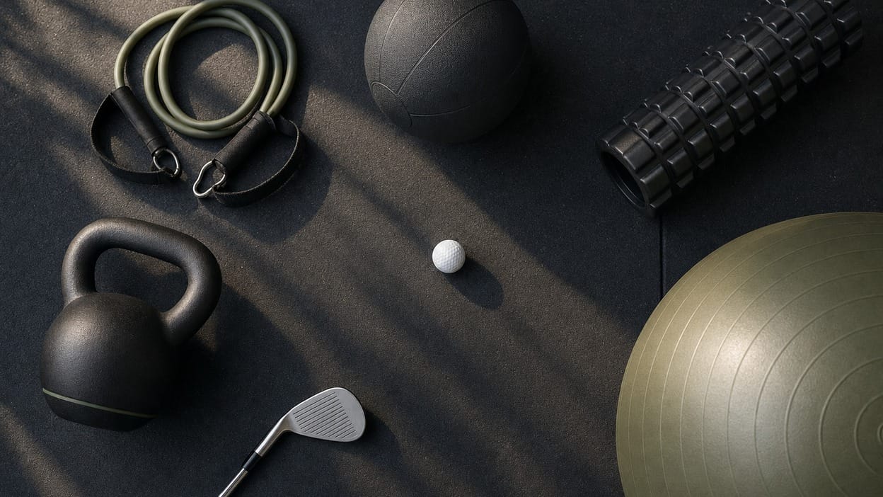 Overhead flat lay of home golf fitness equipment - resistance bands, medicine ball, foam roller, kettlebell, and stability ball - arranged around a golf ball and club head.
