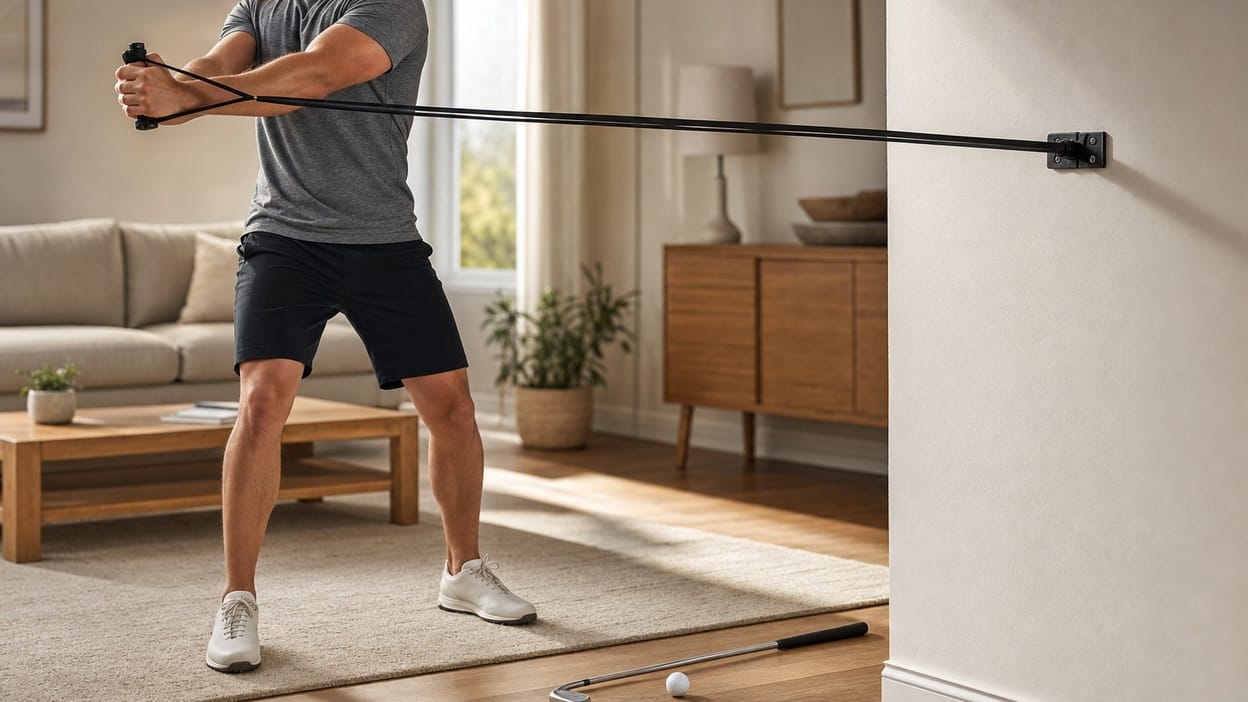 A golfer performing a bodyweight anti-rotation core exercise at home with no equipment.